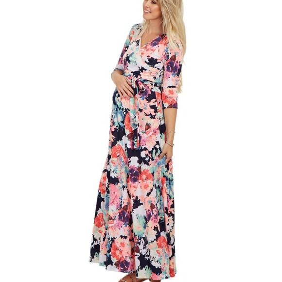PinkBlush Maxi Dress Women 3XL Maternity Pink Navy Floral Abstract Baby Shower - Picture 2 of 10